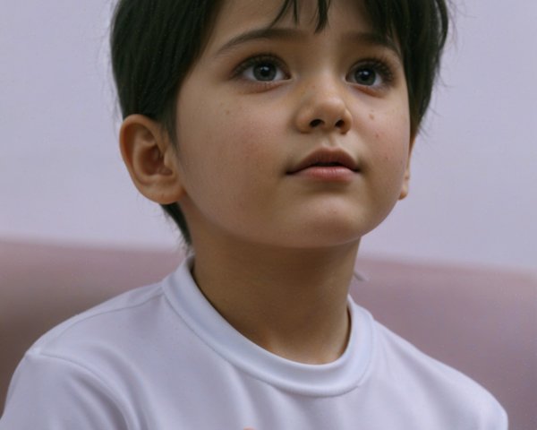 Young child with black hair and curious expression
