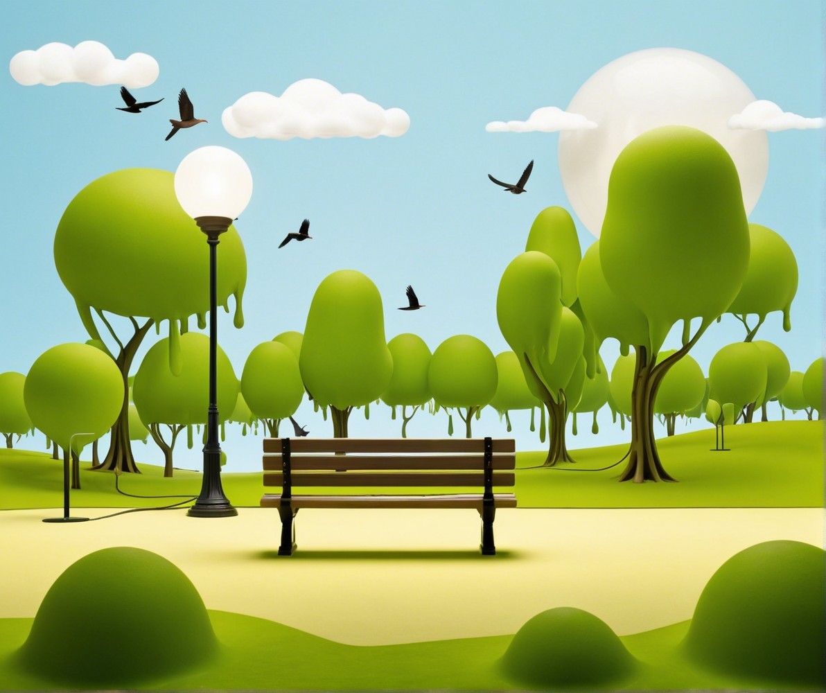 Whimsical Park Scene with Curved Bench and Trees