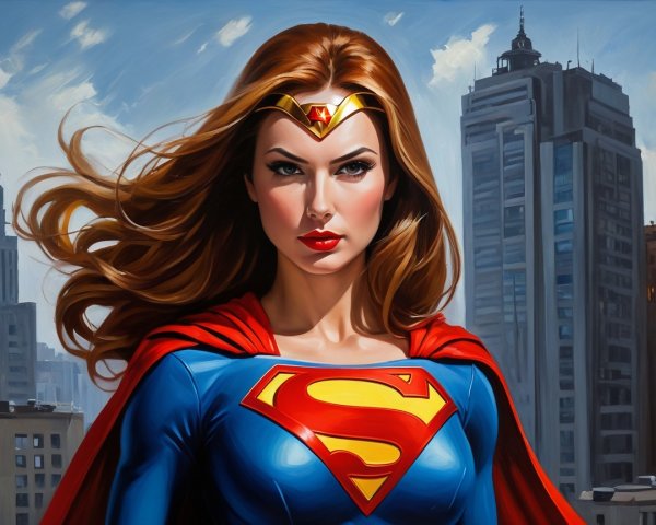 Fierce superheroine in blue costume with red cape