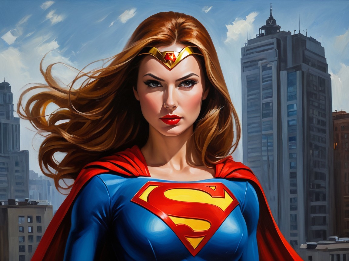 Fierce superheroine in blue costume with red cape