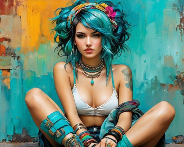 Young woman with teal hair in trendy outfit against art