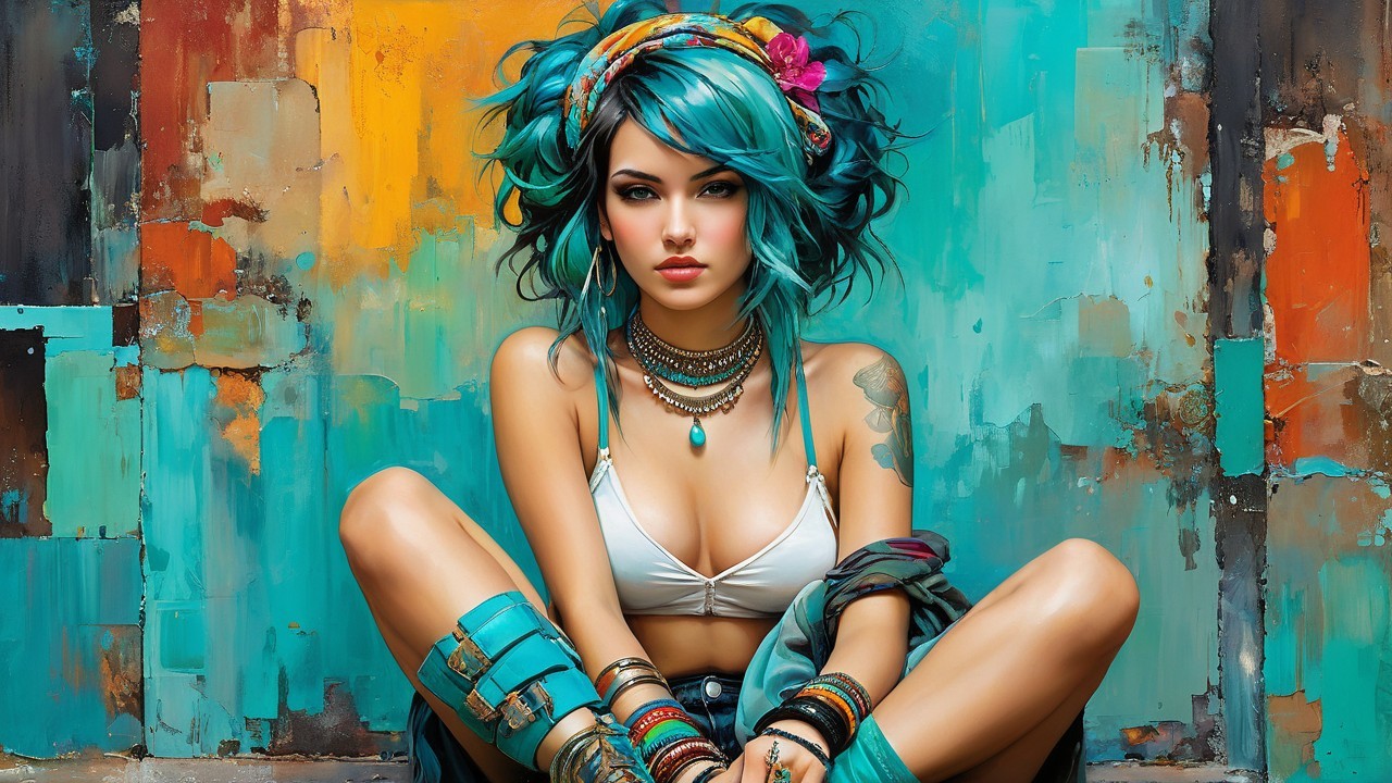 Young woman with teal hair in trendy outfit against art