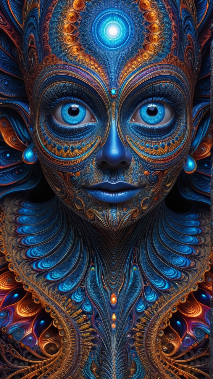 Intricate Blue Face with Vibrant Patterns and Swirls