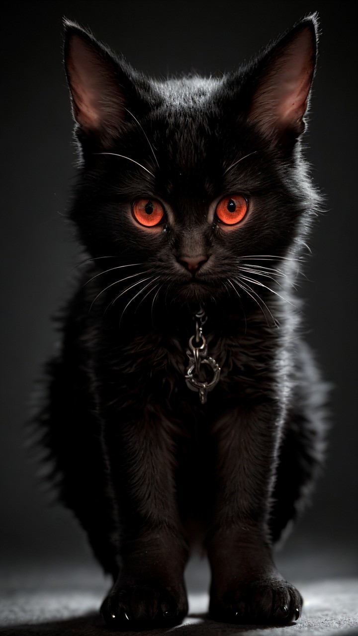Black Cat with Orange Eyes Against Dark Background