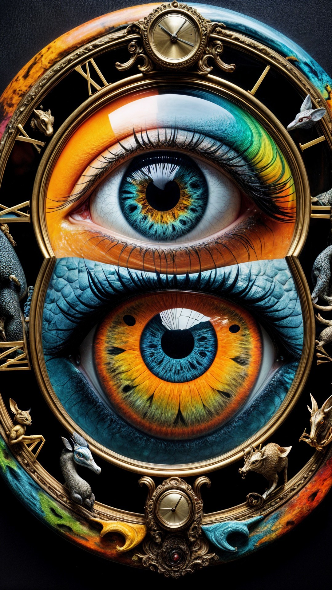 Artistic Rendering of Colorful Eyes in Golden Frame