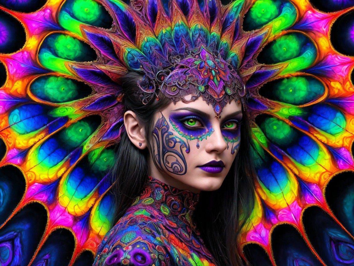 Portrait of a woman with vibrant face paint and headdress