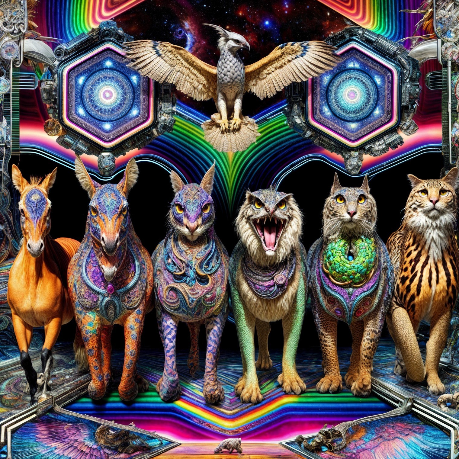 Surreal Scene of Fantastical Animals in Cosmic Setting