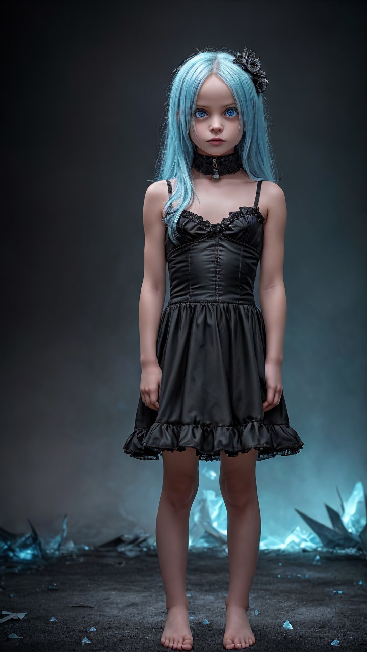 Young girl in dark dress with blue hair and glass shards