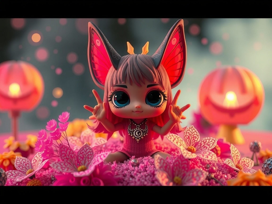 Whimsical Doll with Butterfly Ears and Floral Setting