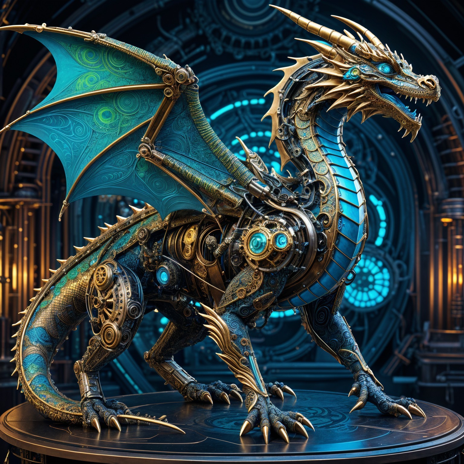 Mechanical Dragon on Gear-Laden Pedestal