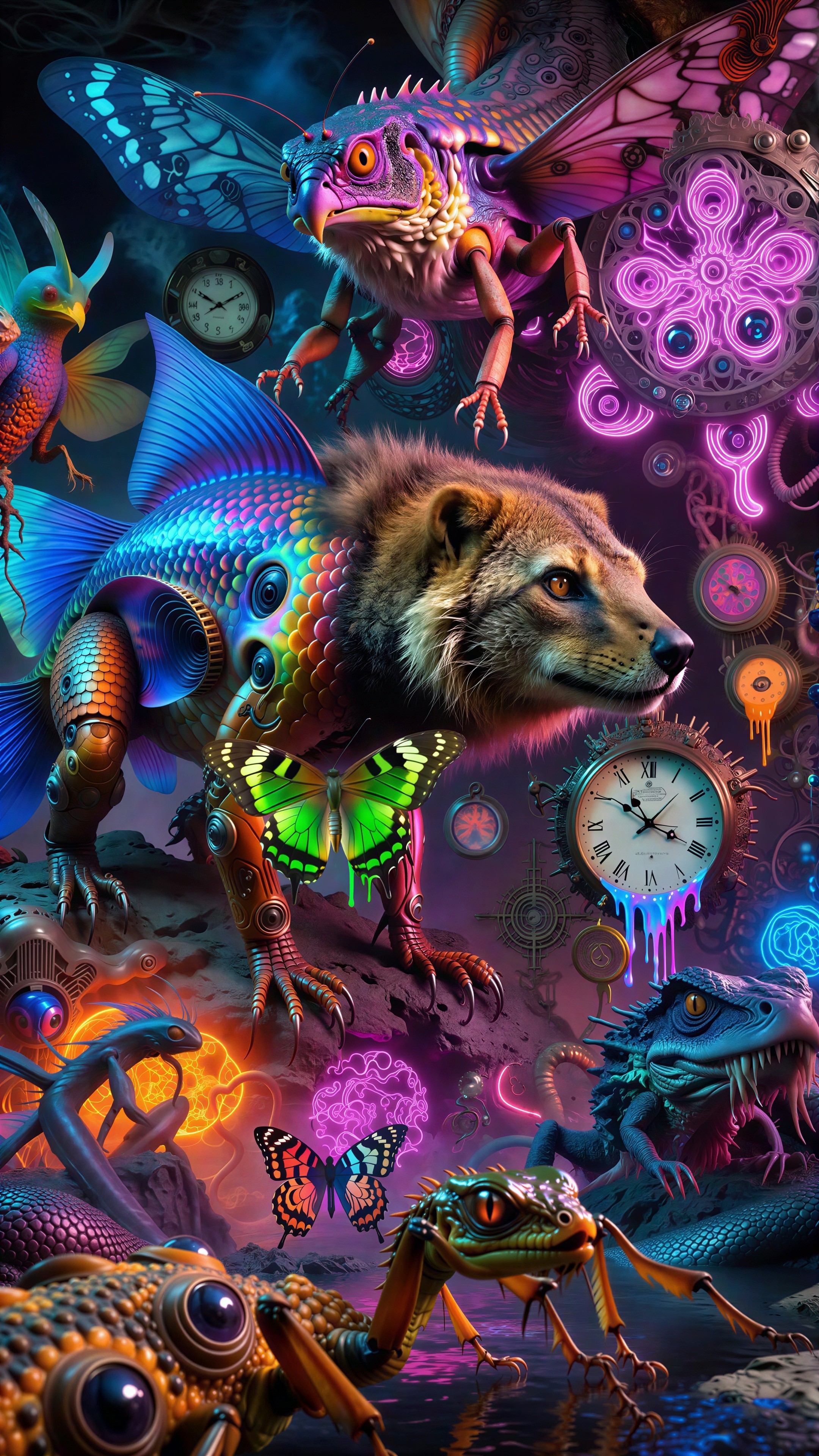 Digital Illustration of Bioluminescent Steampunk Creatures