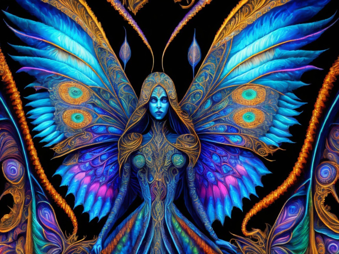 Surreal Figure with Butterfly Wings and Patterns