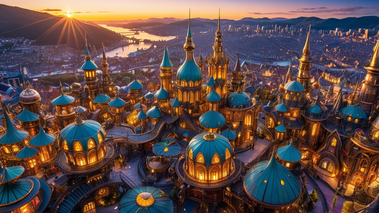 Fantastical cityscape at sunset with teal domes