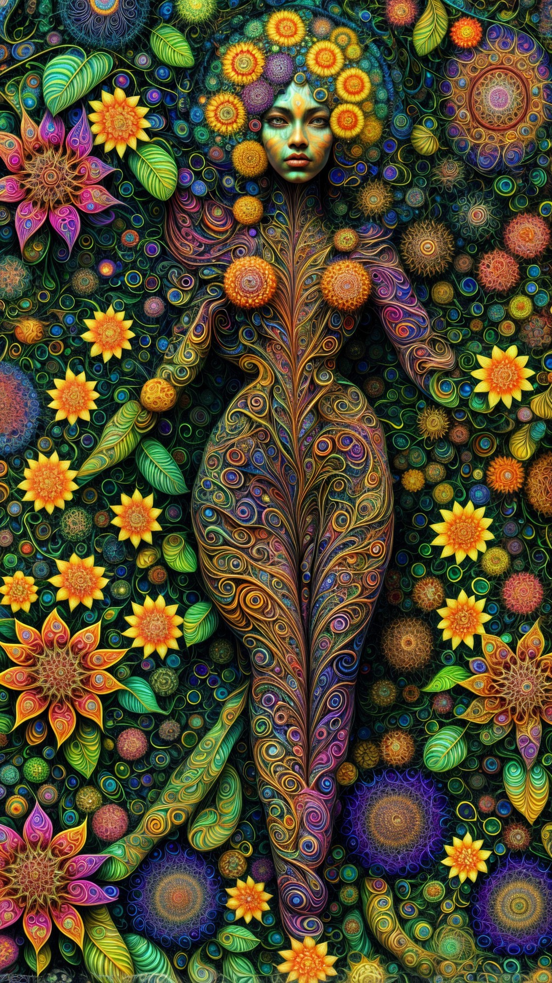 Intricate Illustration of Figure with Floral Patterns