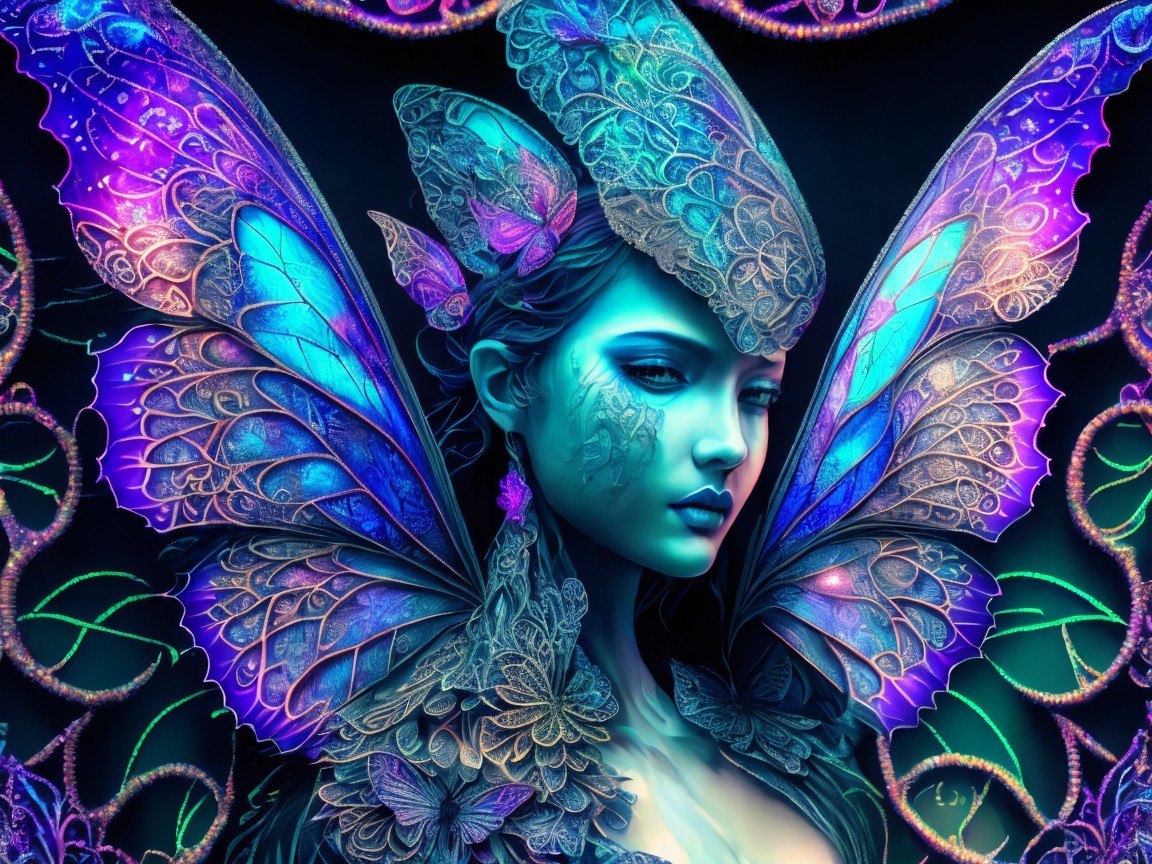 Woman with Butterfly Wings in Dreamlike Setting