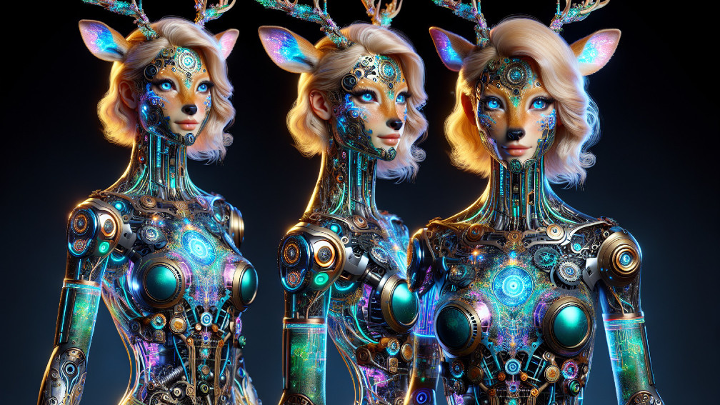 Futuristic Humanoid Figures Resembling Deer with Antlers