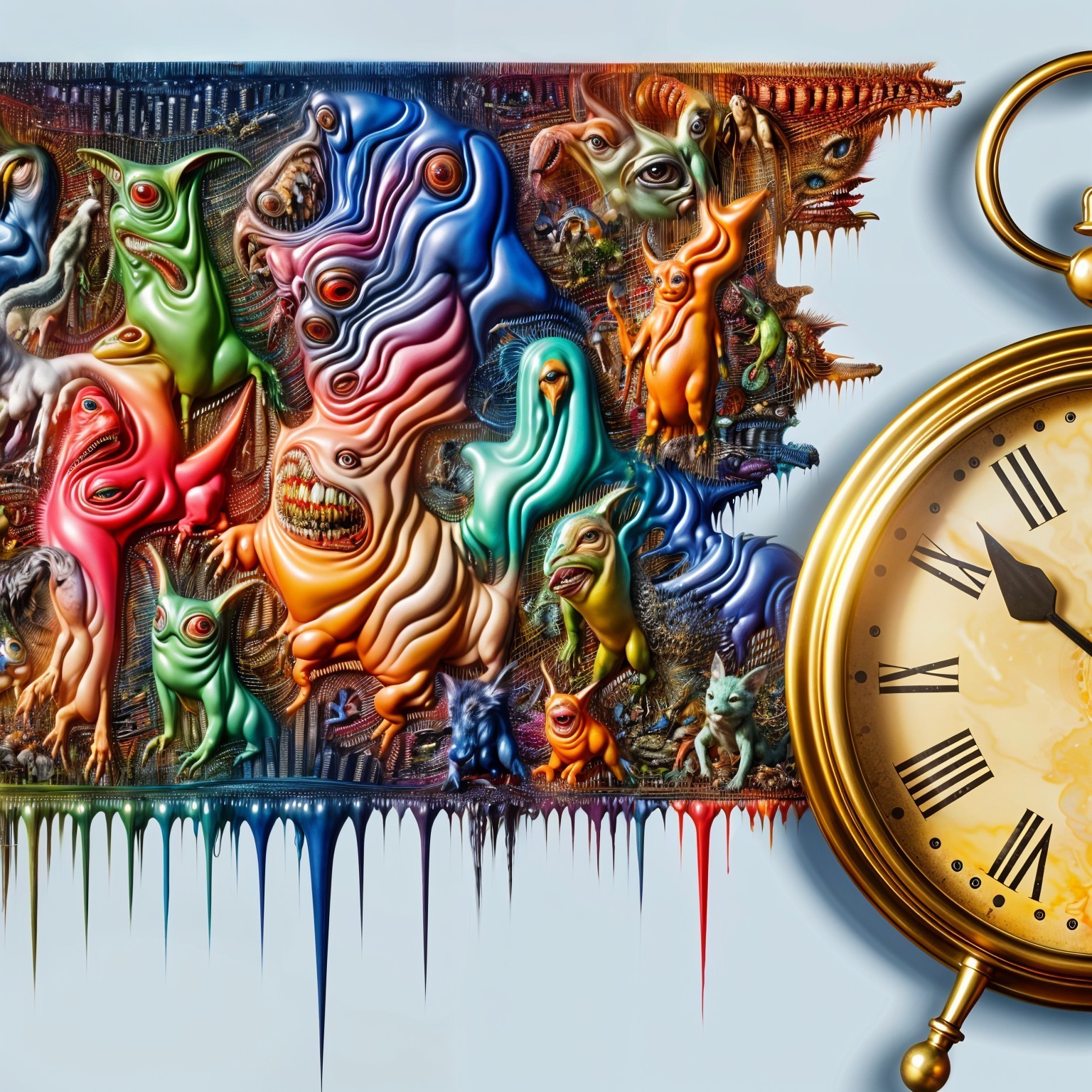 Surreal Artwork with Colorful Creatures and Pocket Watch
