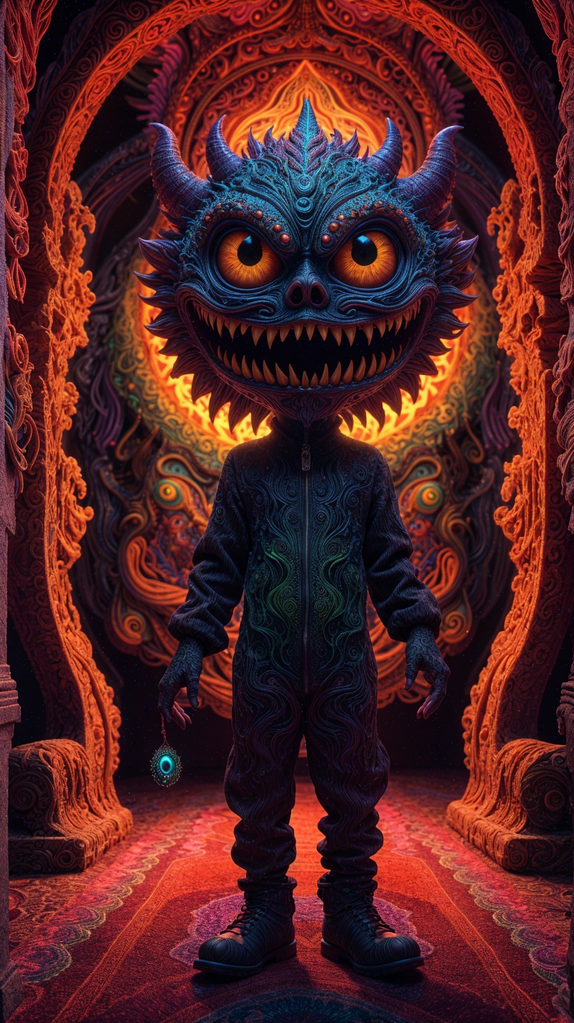 Fantastical creature in a vibrant, surreal corridor
