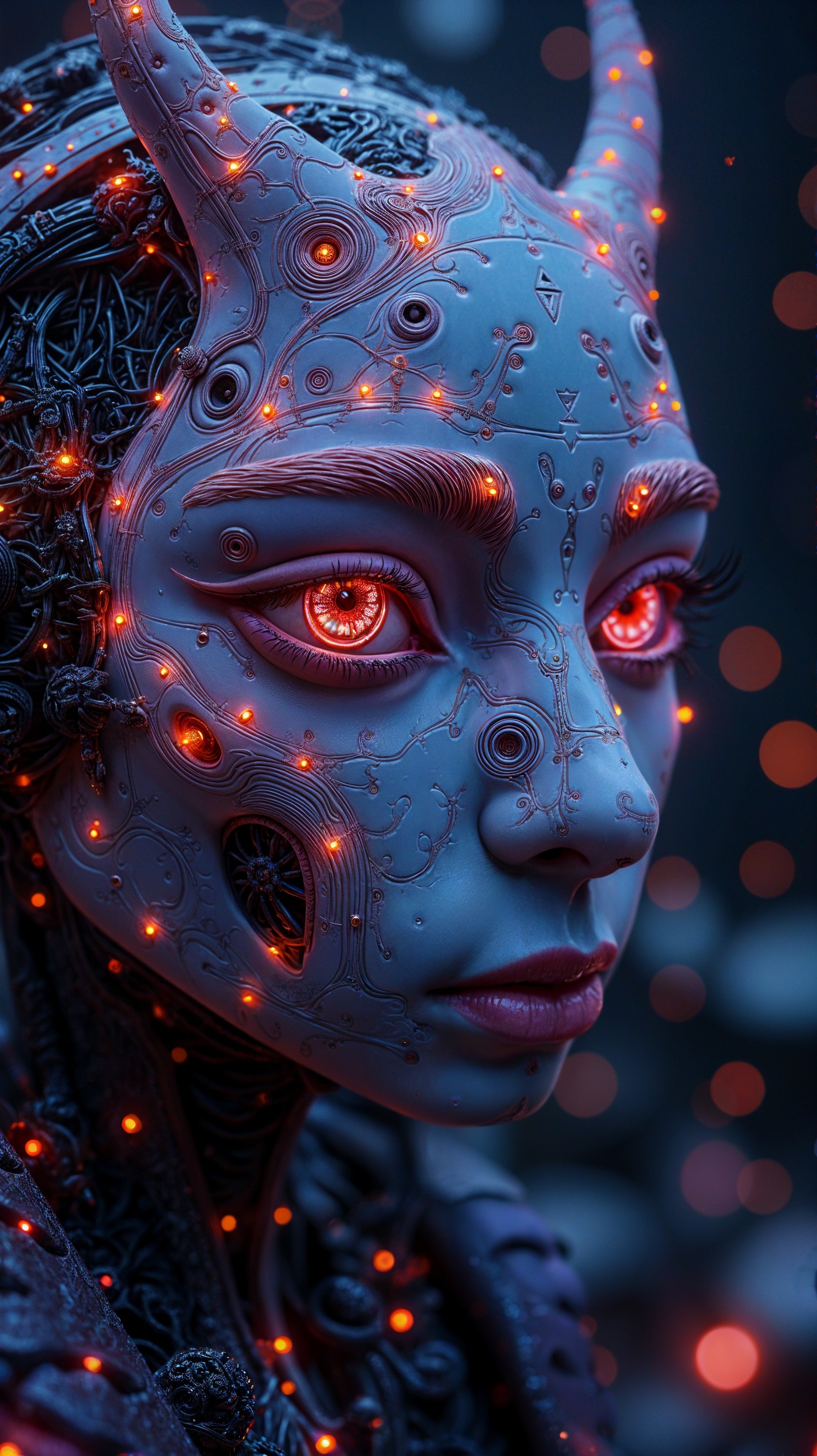 Humanoid Face with Mechanical Patterns and Red Eyes