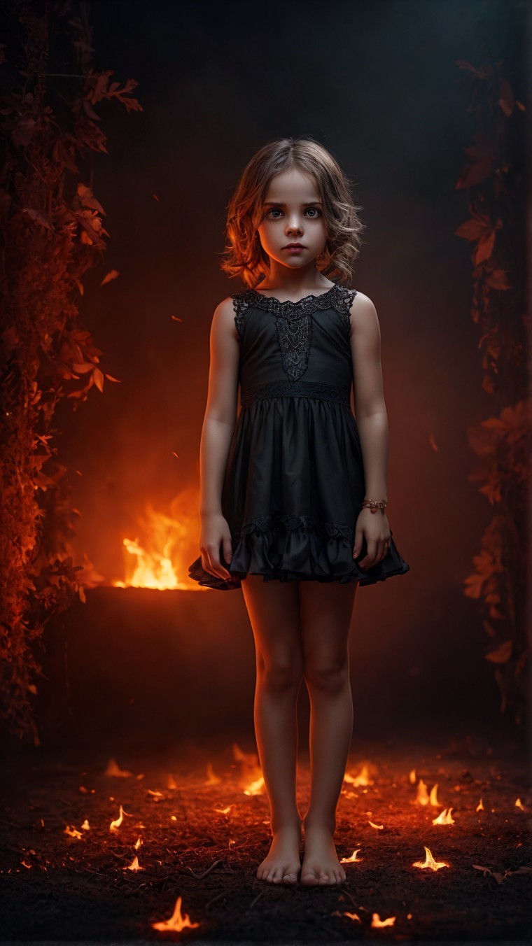 Young girl in black dress surrounded by flickering flames