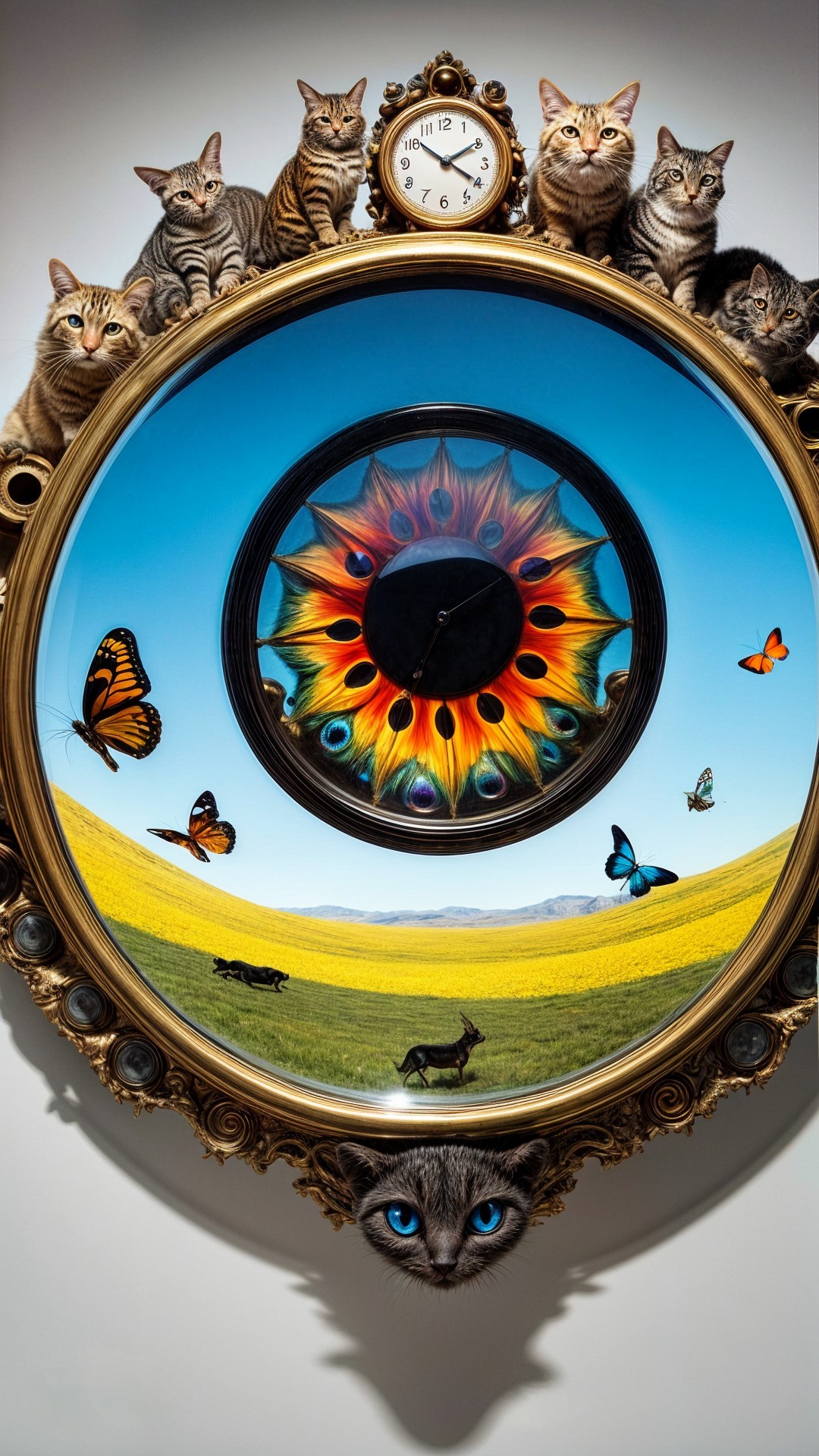 Whimsical Clock with Cats in Surreal Landscape