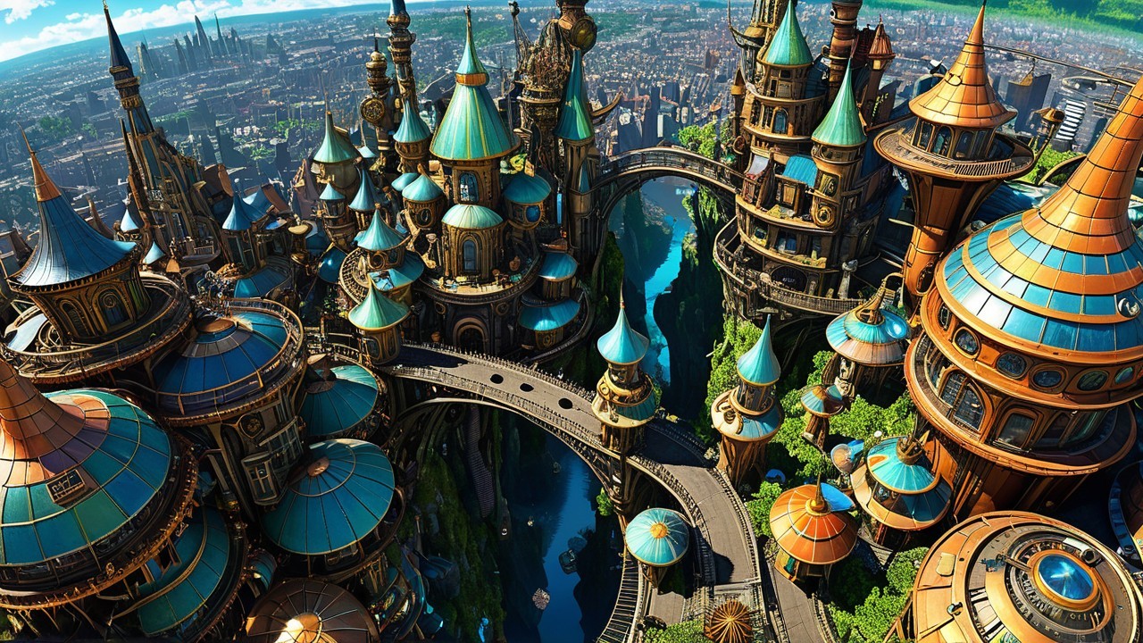 Fantasy Cityscape with Colorful Towers and Bridges