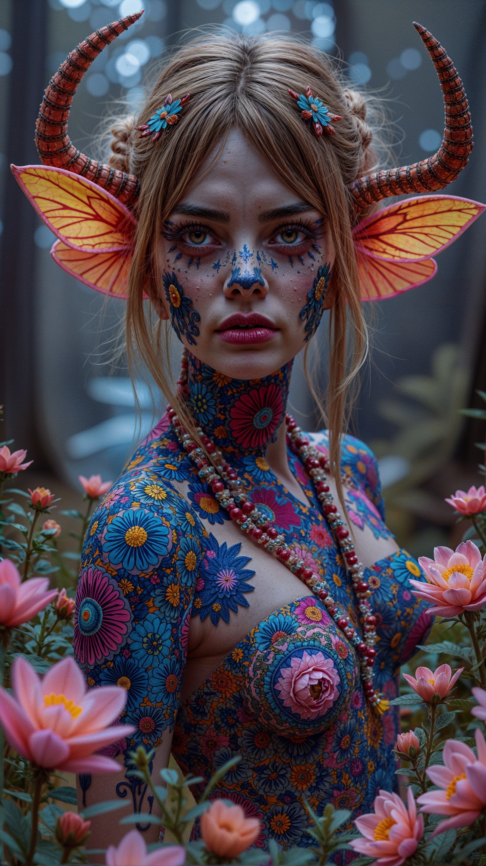 Model with Floral Body Art in Pink Flower Setting