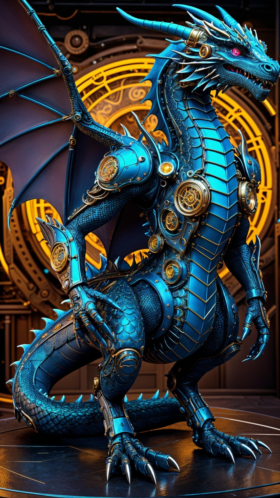 Robotic Dragon with Metallic Blue Body and Red Eyes