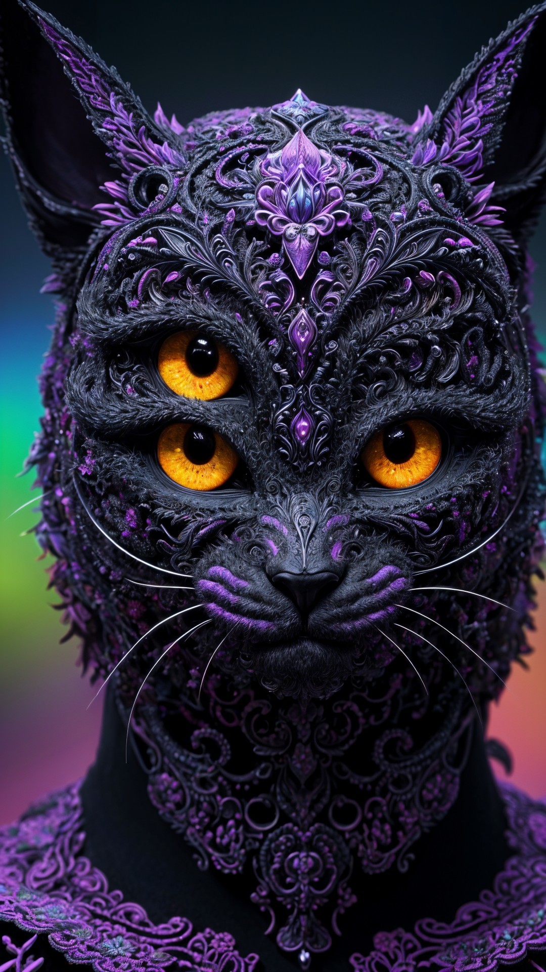 Anthropomorphic cat with intricate patterns and vivid eyes