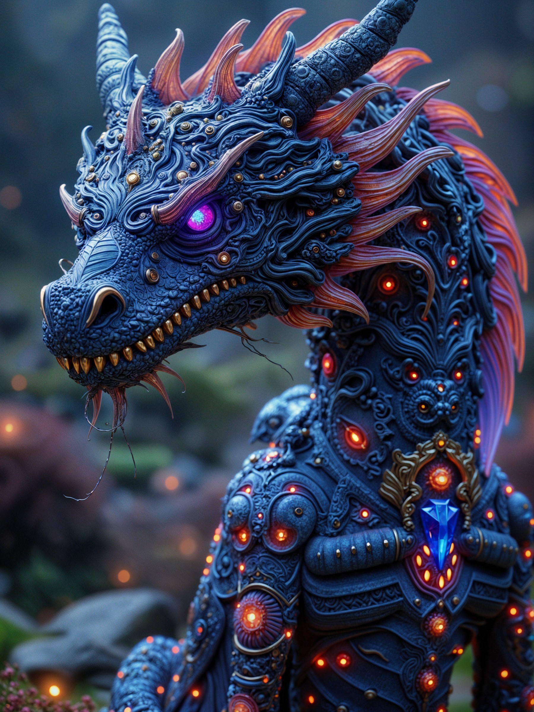 Fantastical dragon with metallic scales and glowing gems