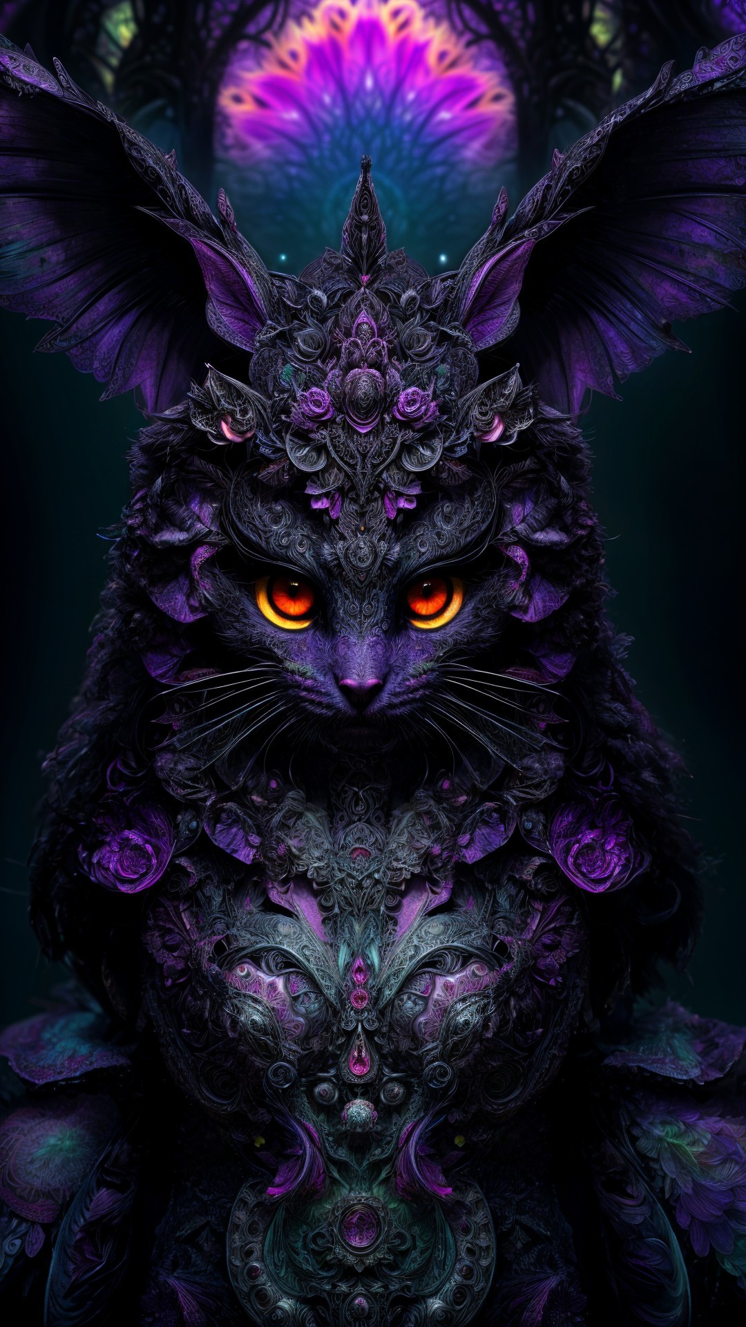 Mystical black cat with luminous orange eyes and patterns