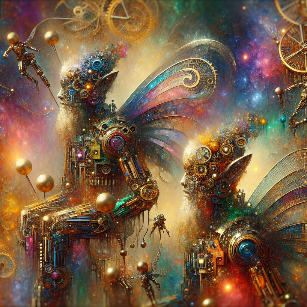 Robotic figures in a vibrant steampunk fantasy setting