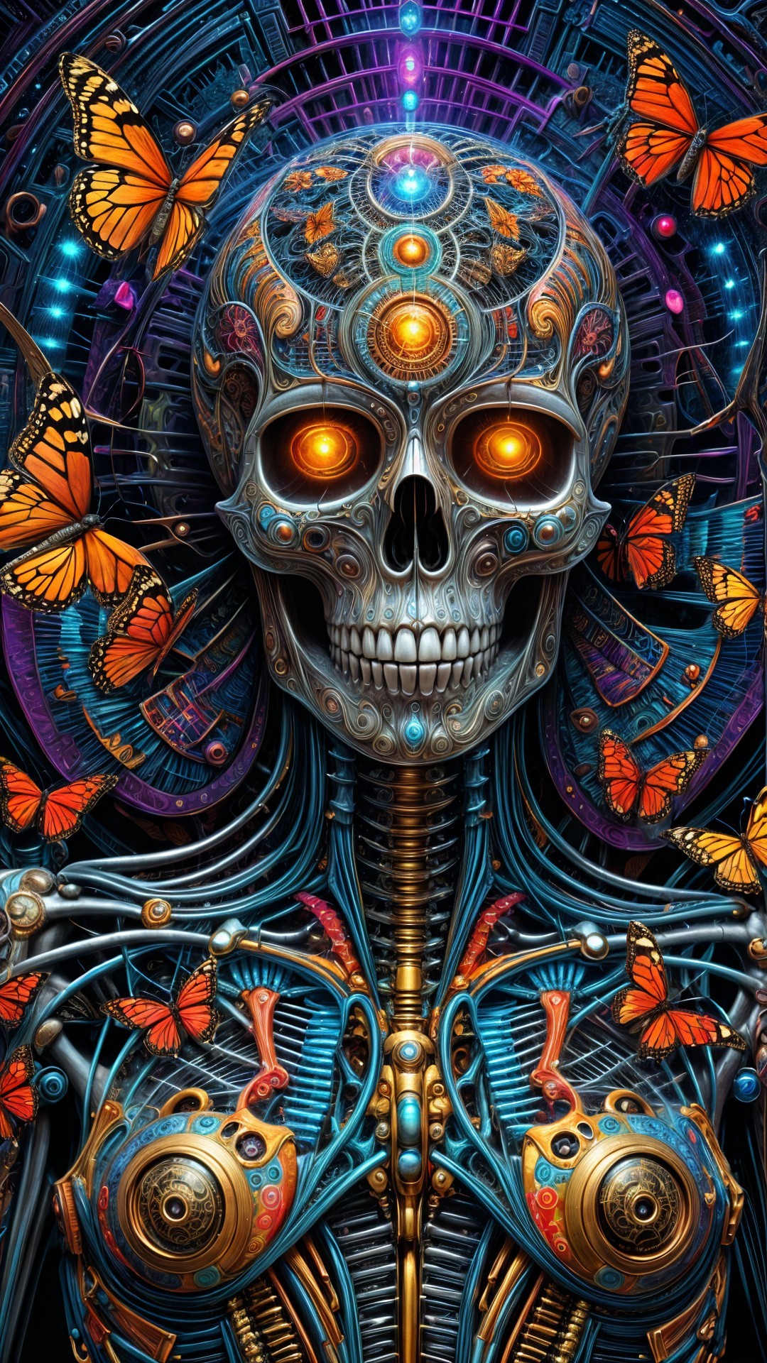 Futuristic skeletal figure with butterflies and cosmic background