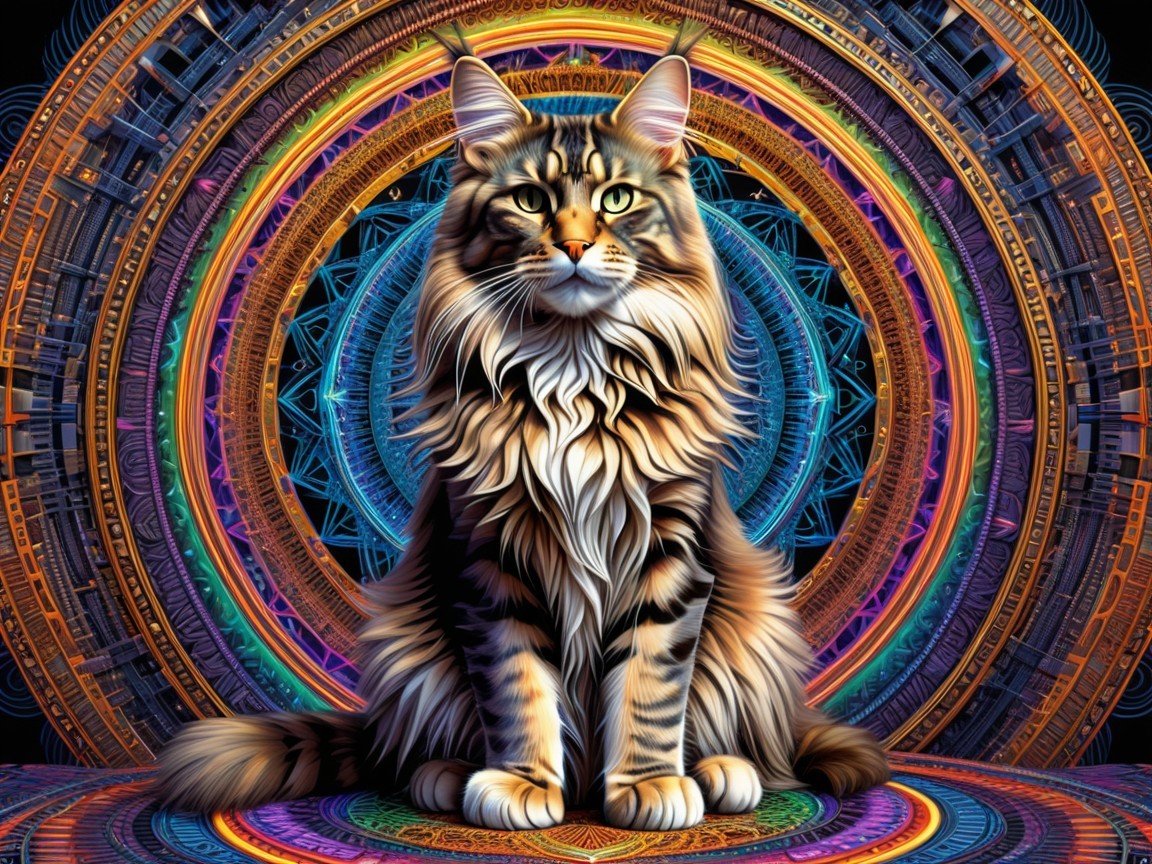 Maine Coon Cat Surrounded by Colorful Patterns
