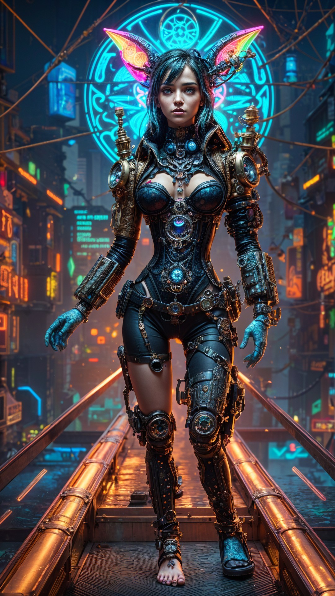 Futuristic Character in Steampunk Armor on Neon Street