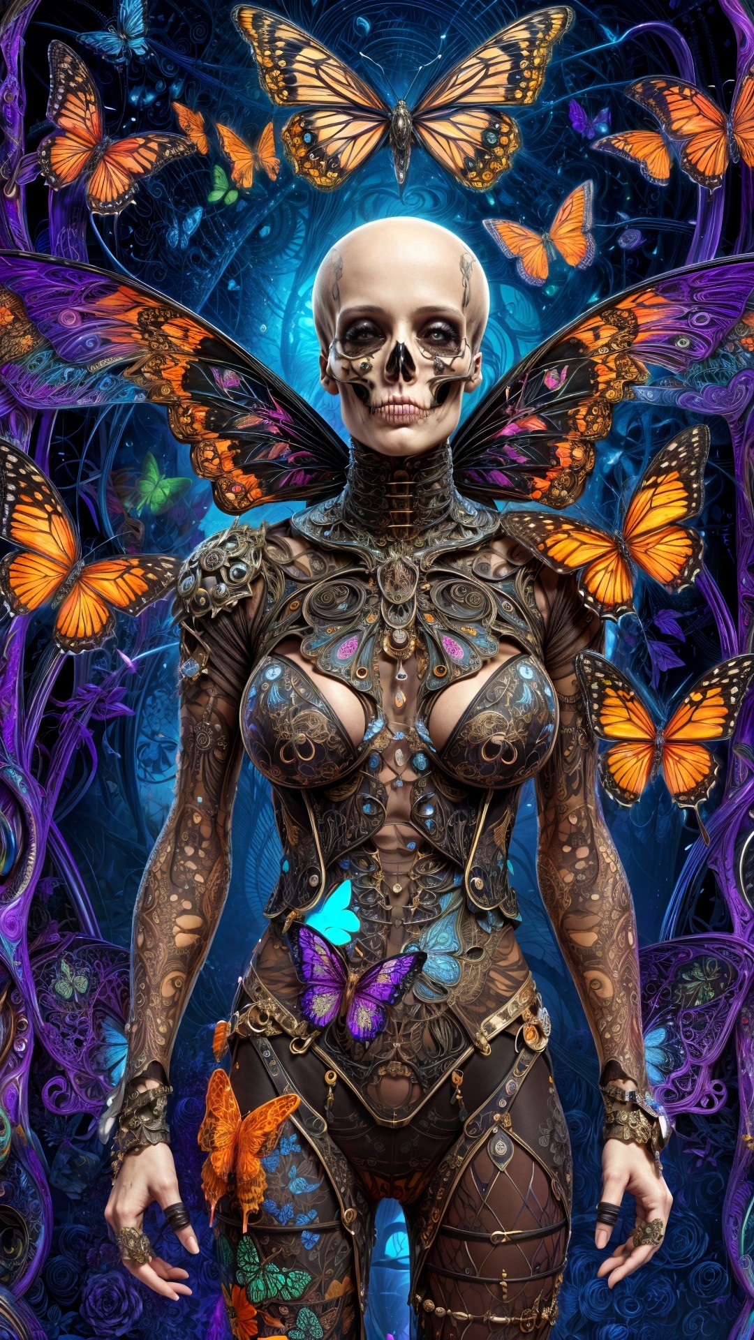 Skeletal Figure in Steampunk Armor with Butterflies