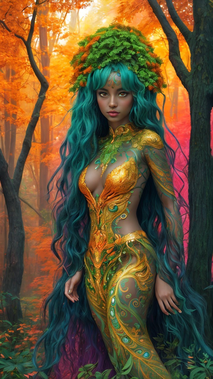 Mystical Figure in Enchanted Forest with Autumn Hues