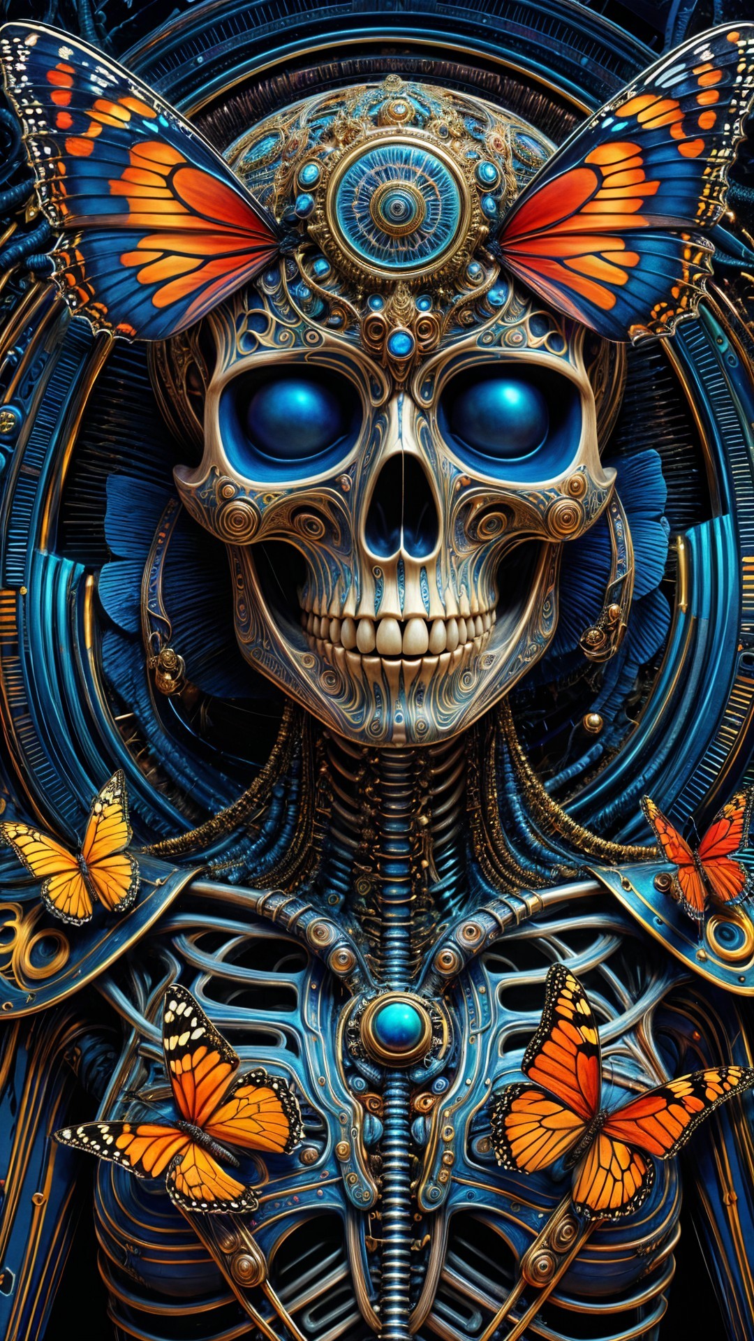 Futuristic Skeleton with Butterflies and Glowing Eyes