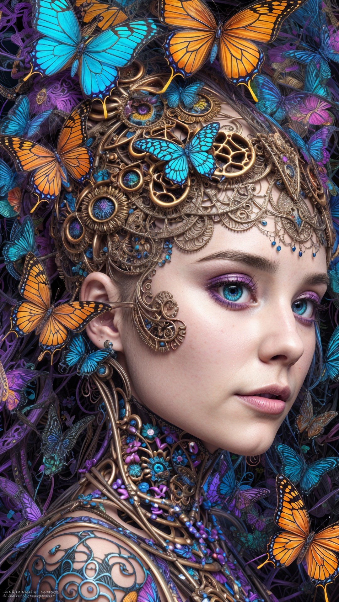 Portrait of a Young Woman with Metallic Jewelry and Butterflies