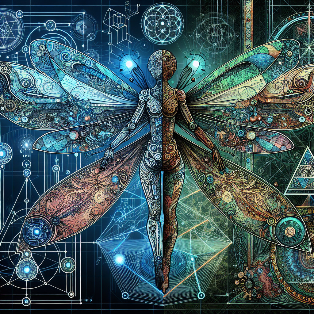 Stylized humanoid figure with mechanical wings and patterns