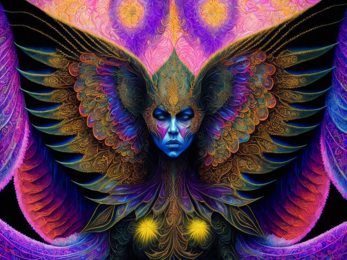 Fantastical figure with blue features and vibrant wings