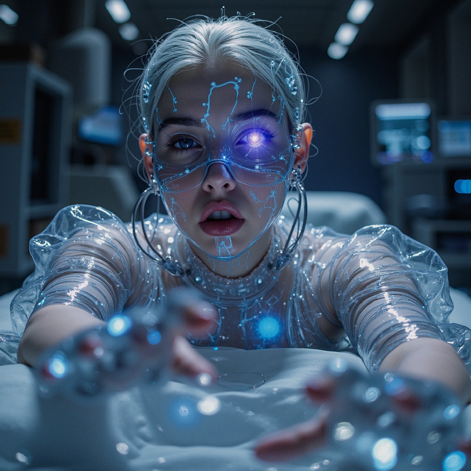 Futuristic Character in Glowing Outfit and Circuitry