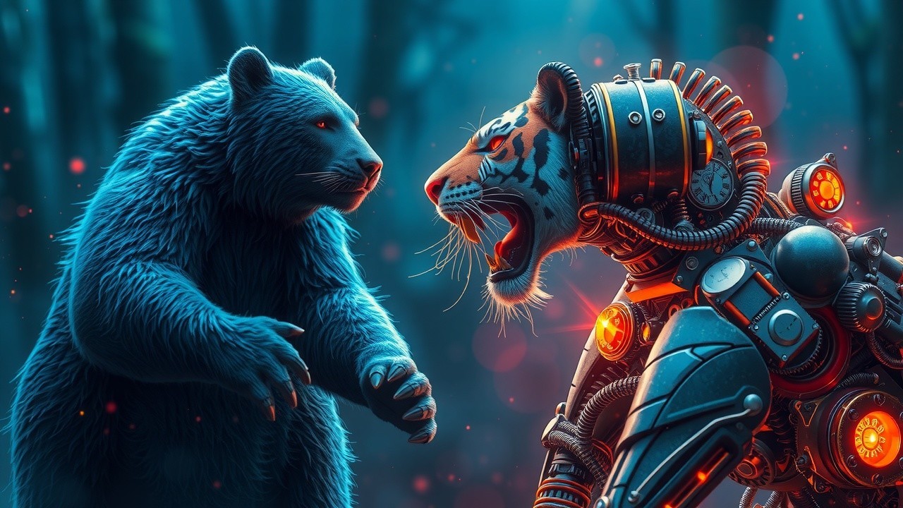 Confrontation Between Bear and Robotic Tiger in Forest