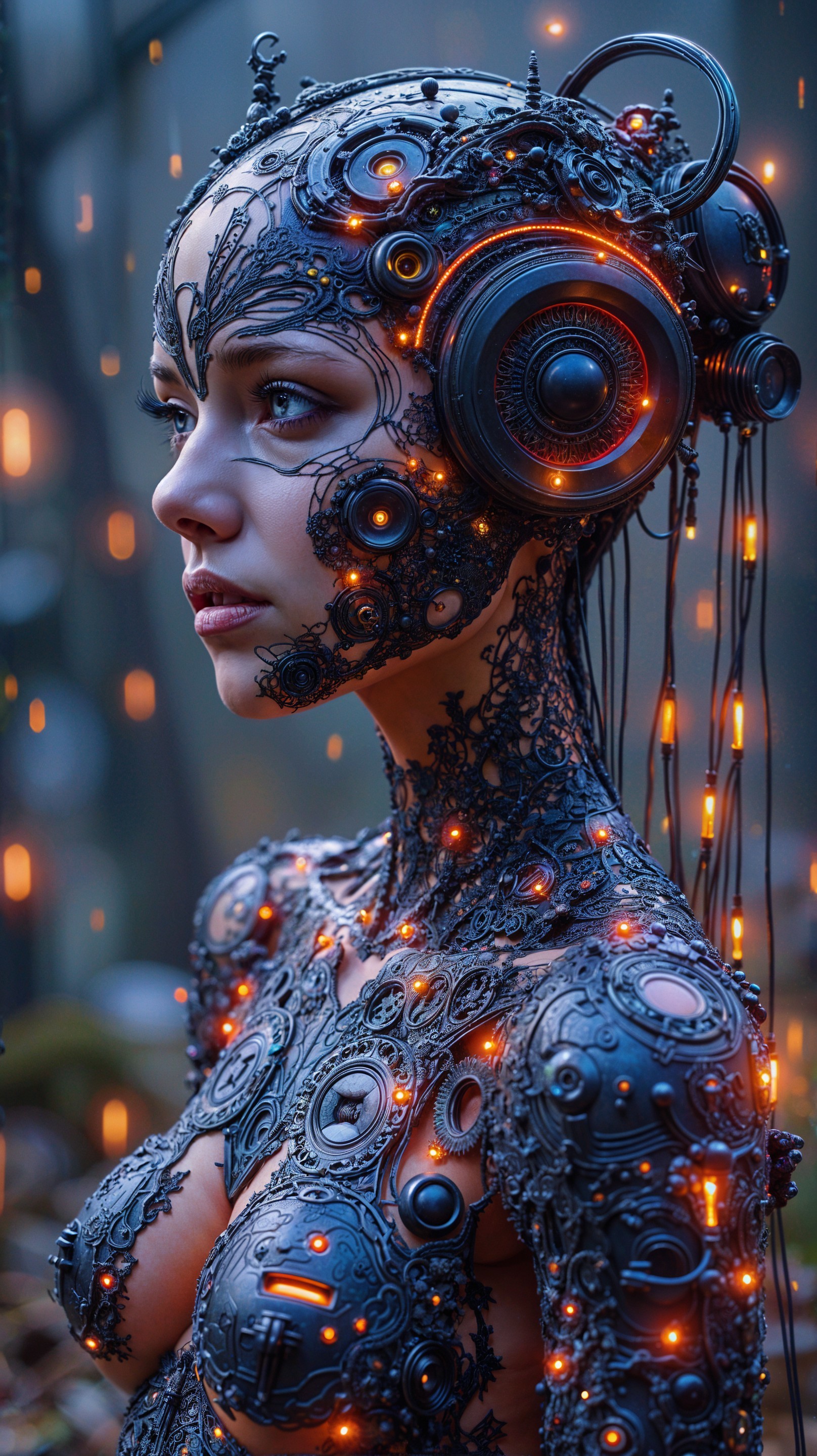 Futuristic Cyborg Figure with Organic and Mechanical Elements