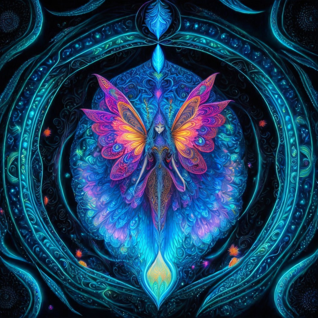 Mystical Figure with Butterfly Wings in Vibrant Colors