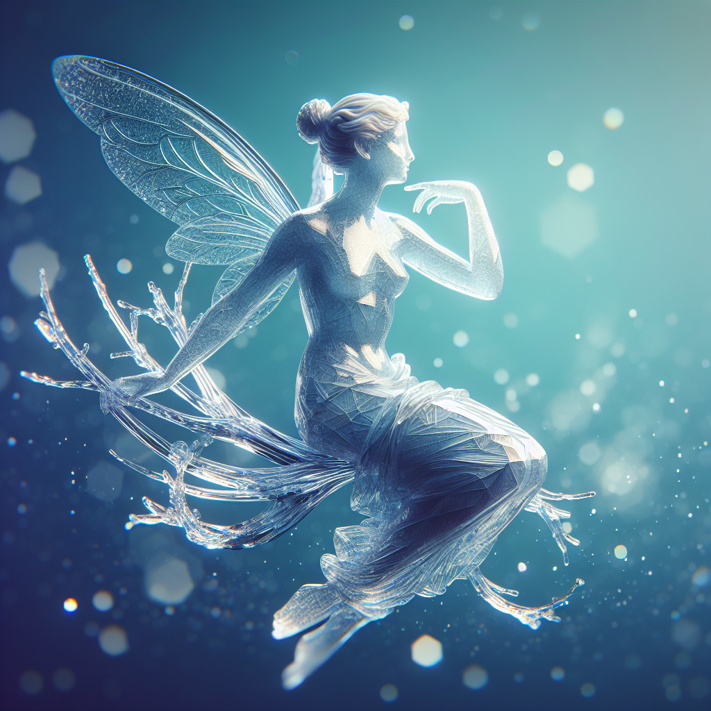 Translucent Glass Fairy on Branch with Bokeh Background