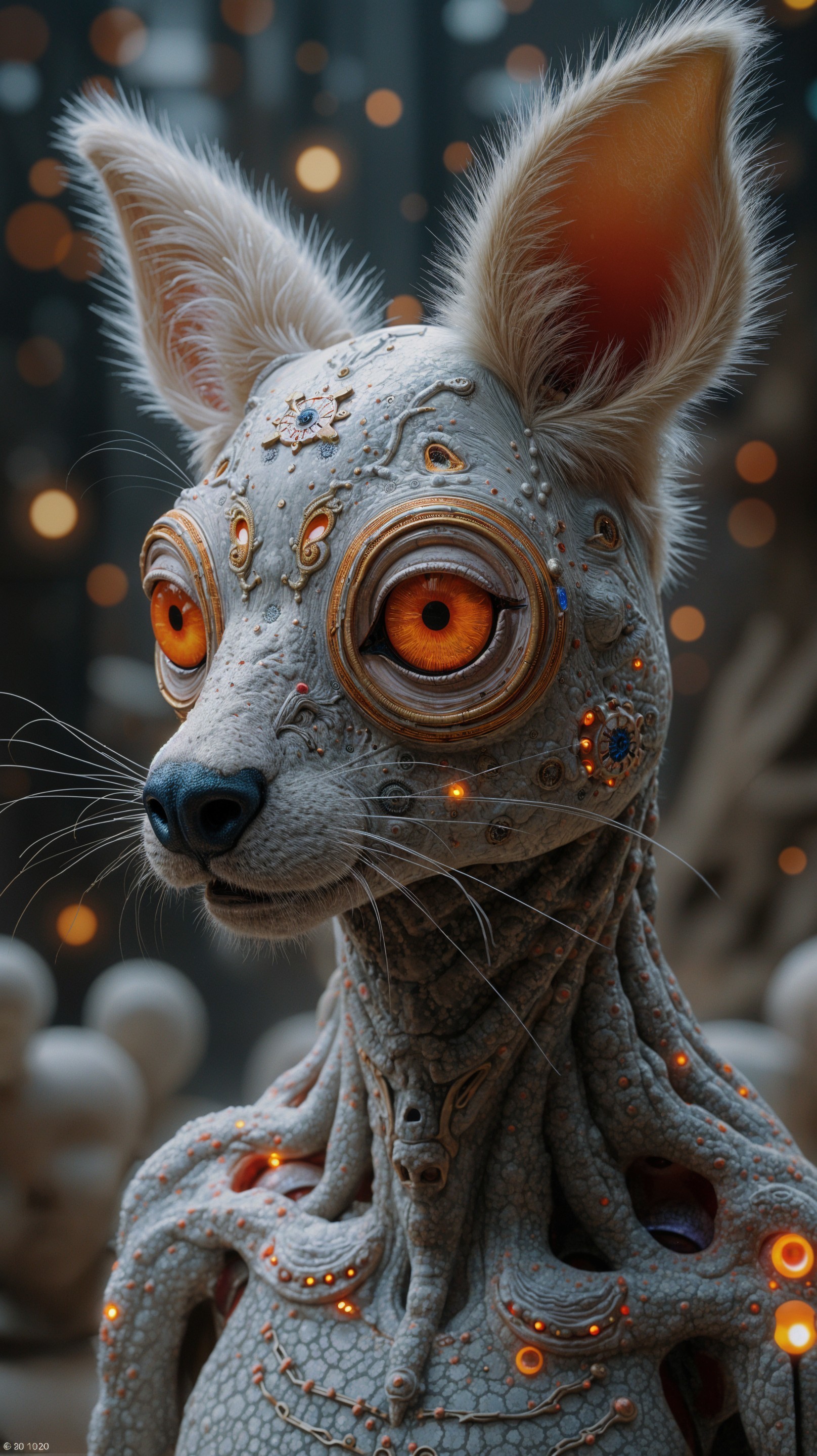 Fantastical Cat-Robot Creature with Glowing Features