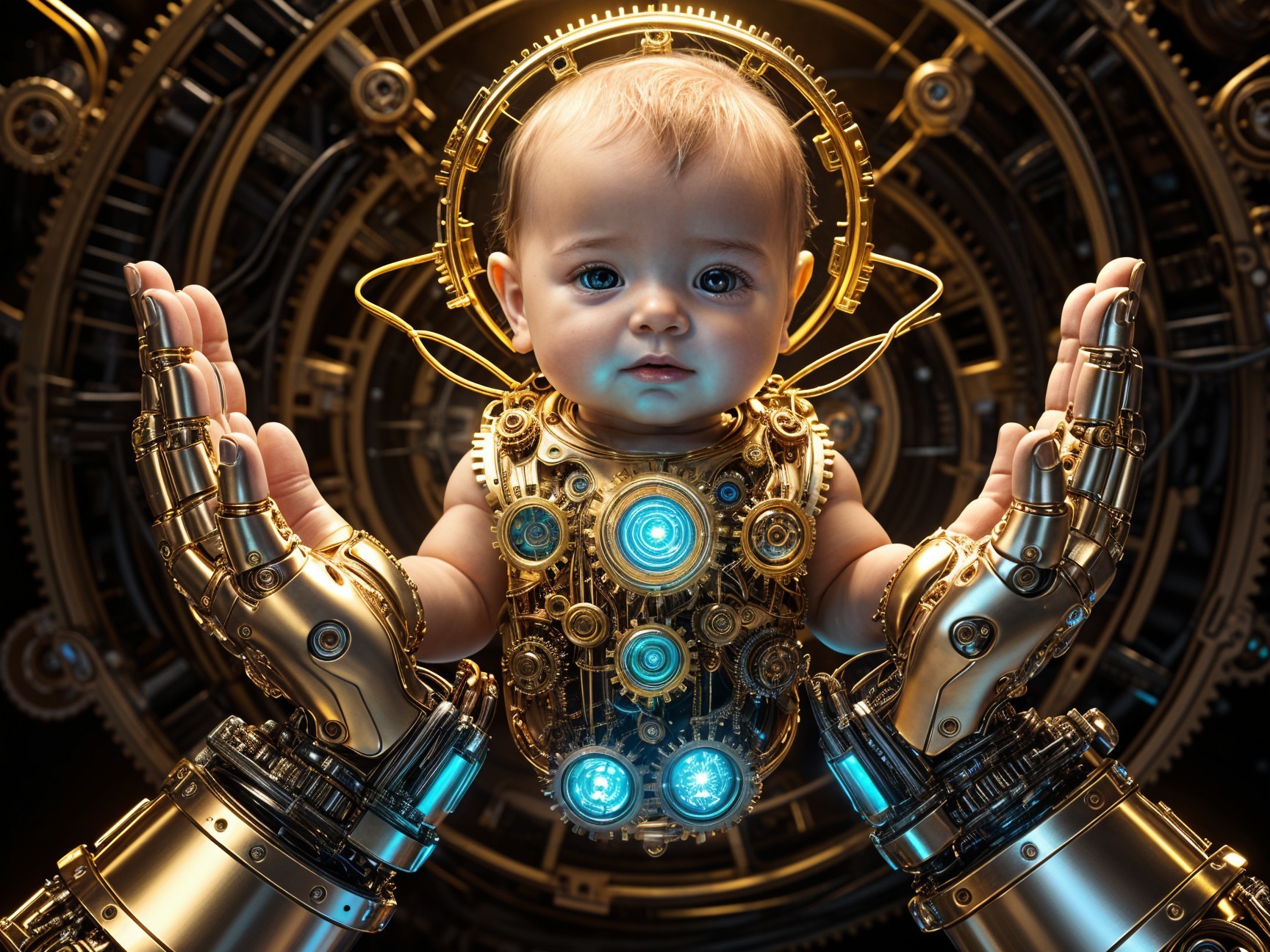 Futuristic Baby in Metallic Exosuit with Blue Lights