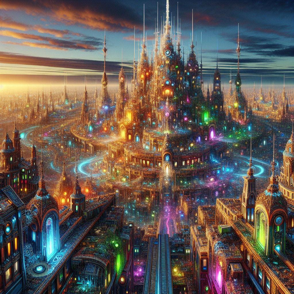 Futuristic cityscape with neon lights at sunset