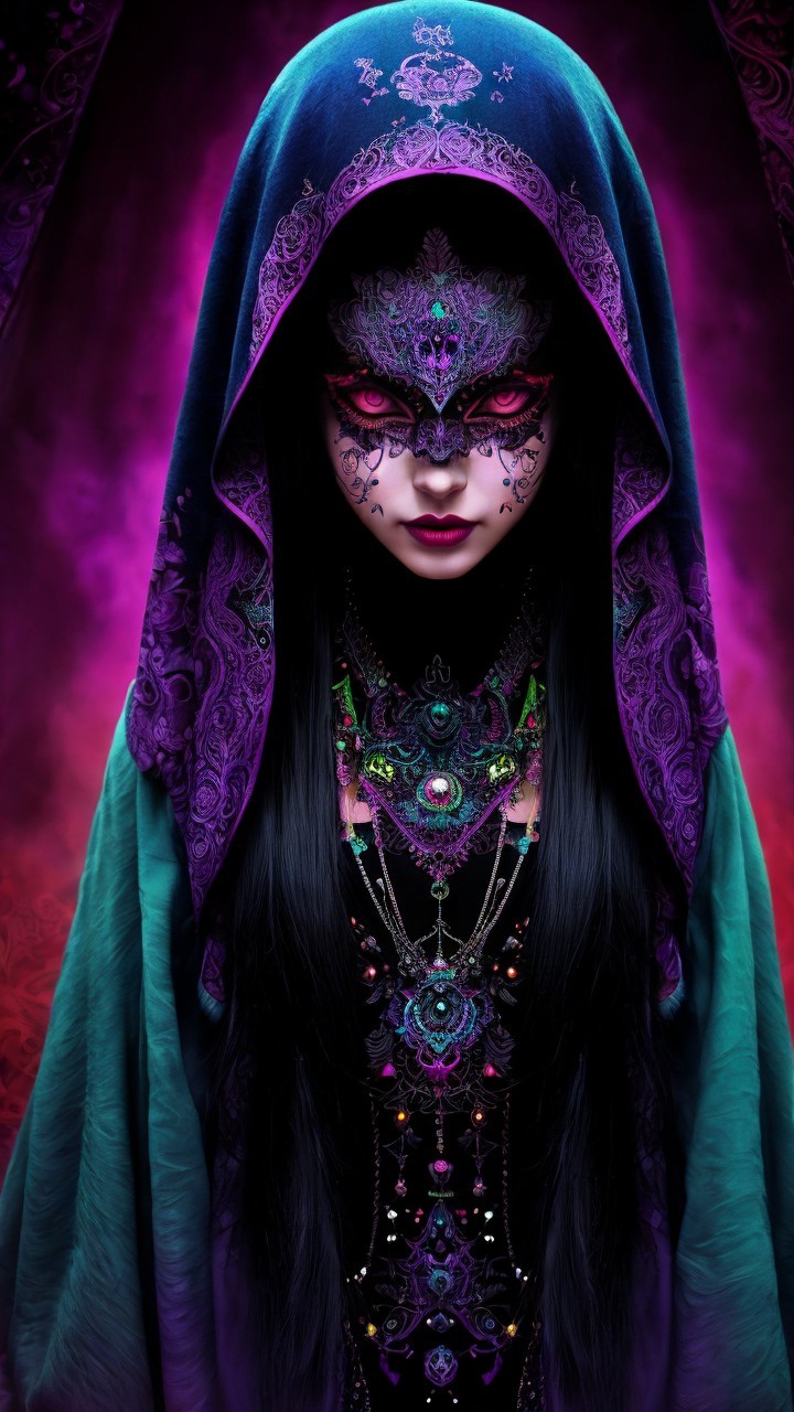 Mysterious Figure in Purple and Teal Cloak with Jewelry
